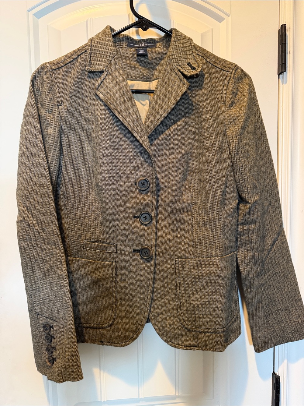 Vintage Gap Women's Brown Tan Herringbone Tweed Equestrian Style Blazer Sz 0 XS